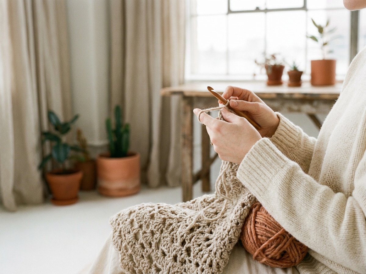 Hands working on a delicate crochet garment